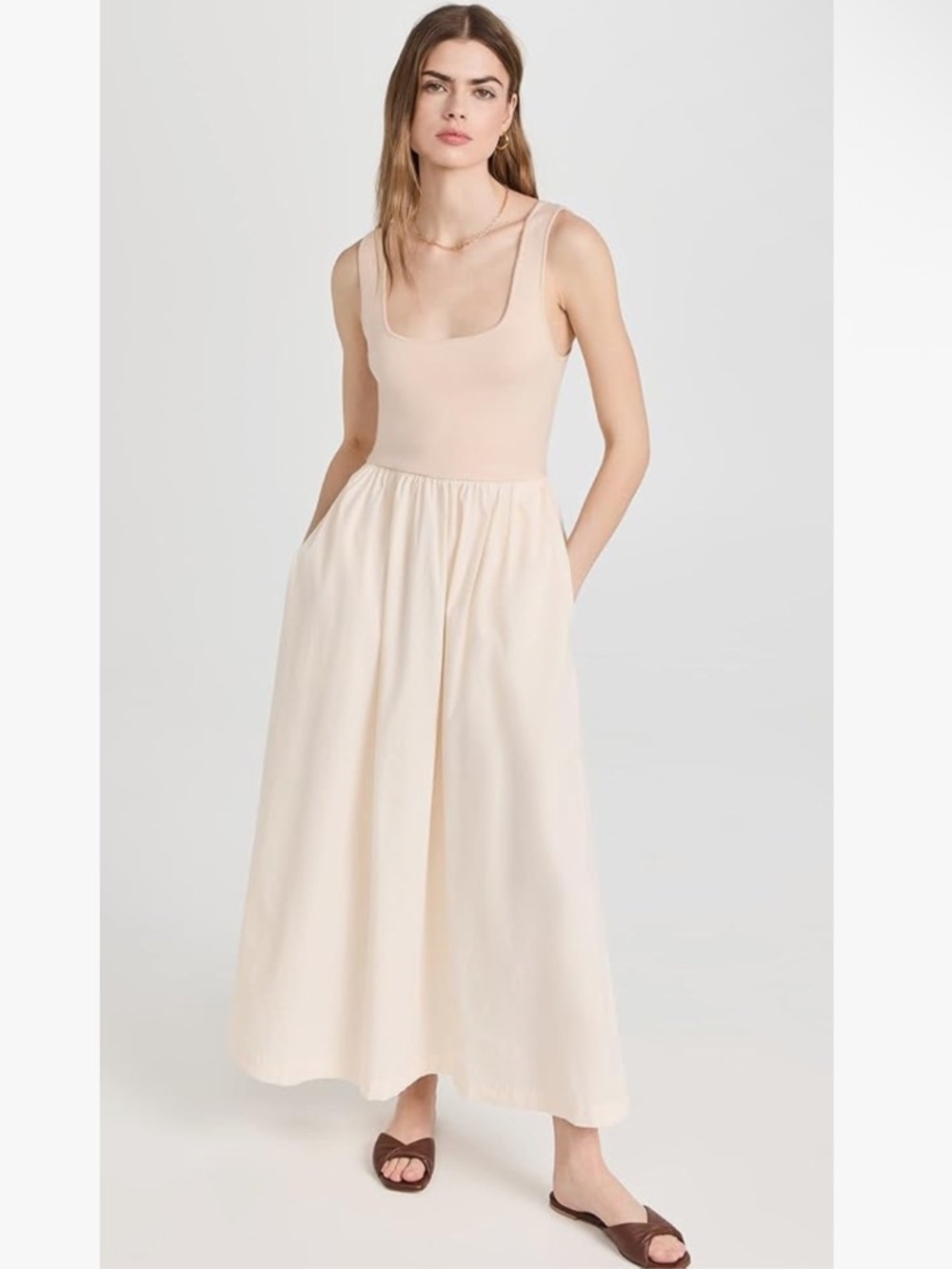 Monrow Stretch Poplin Mix Scoop-Back Tank Maxi Dress in Cream Size Medium